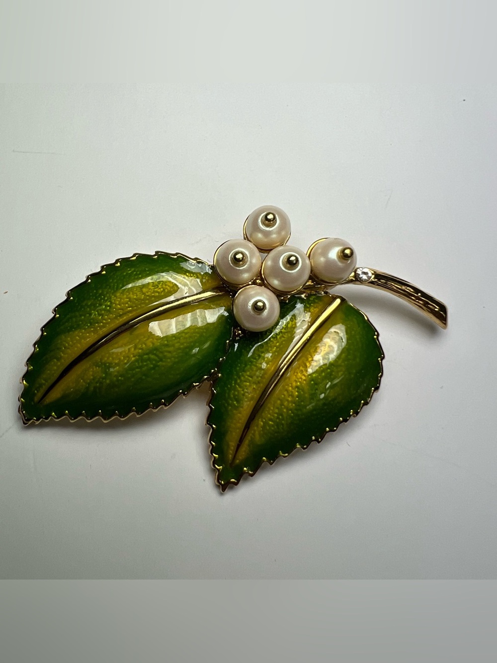 Monet Green Yellow Enamel Leaf Brooch Faux Pearl Gold Tone Vintage Pin